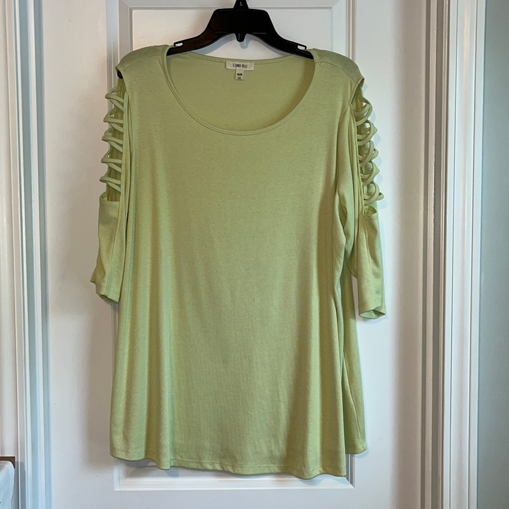 Como Blu 3/4 Sleeve Cold Shoulder Soft Lime Green Top